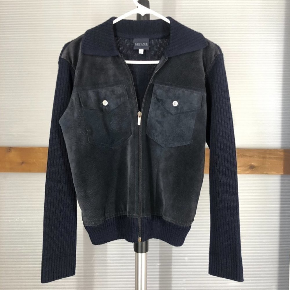 VERSACE JEANS COUTURE VTG Wool Blend Knit Suede Leather Navy Jacket Sz S